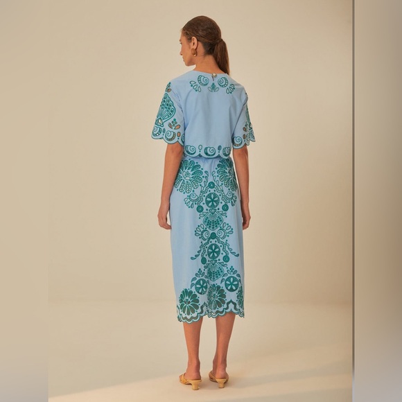 Farm Rio Light Blue And Green Graphic Richelieu Midi Skirt - Picture 8 of 9